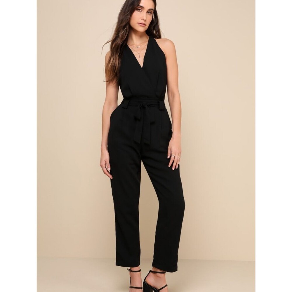 Lulus Black Halter Wrap Jumpsuit with Tie Waist NWT Size Small